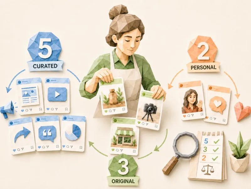 The 5-3-2 rule aims to balance curated, original, and personal content. Here is what the framework gets right, where it breaks for solo businesses, and a simpler version to try.